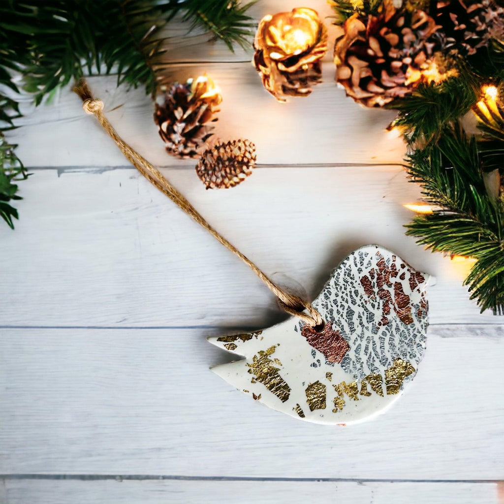 White Christmas Ornament Gift Set of 3, Gold Silver Copper Foil Flakes