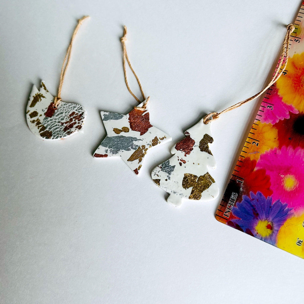 White Christmas Ornament Gift Set of 3, Gold Silver Copper Foil Flakes